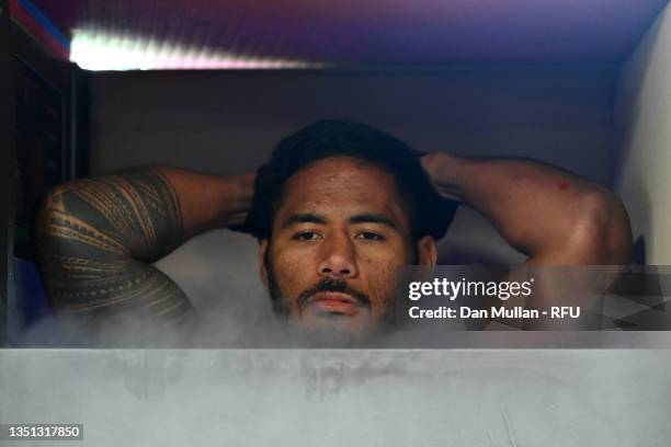 Manu Tuilagi of England recovers in a cryotherapy chamber following a training session at Pennyhill Park on November 02, 2021 in Bagshot, England.