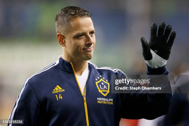 Javier Hernandez of Los Angeles FC waves toward fans after tying Seattle Sounders 1-1 at Lumen Field on November 01, 2021 in Seattle, Washington.