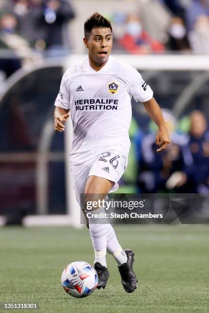 Efrain Alvarez of Los Angeles FC in action against the Seattle Sounders during the first half at Lumen Field on November 01, 2021 in Seattle,...