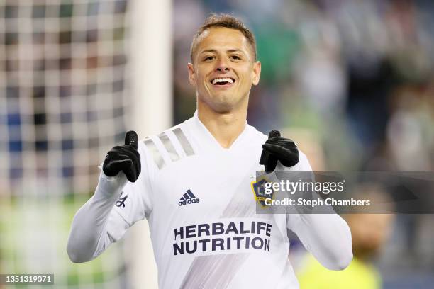 Javier Hernandez of Los Angeles FC celebrates his goal during the first half against the Seattle Sounders at Lumen Field on November 01, 2021 in...