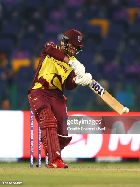 Shimron Hetmyer of West Indies plays a shot during the ICC Men's T20 World Cup match between West Indies and Sri Lanka at Sheikh Zayed stadium on...