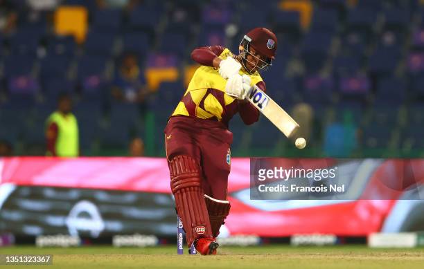 Shimron Hetmyer of West Indies plays a shot during the ICC Men's T20 World Cup match between West Indies and Sri Lanka at Sheikh Zayed stadium on...