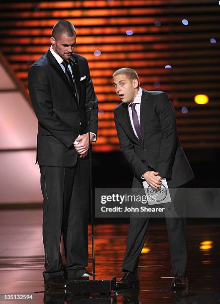 Kevin Love of the NBA's Minnesota Timberwolves and actor Jonah Hill present the award for 'Best Game' onstage at The 2011 ESPY Awards held at the...