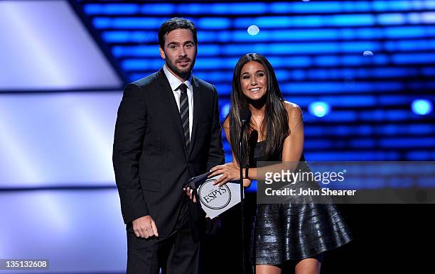 Driver Jimmie Johnson and actress Emmanuelle Chiquri present onstage at The 2011 ESPY Awards held at the Nokia Theatre L.A. Live on July 13, 2011 in...
