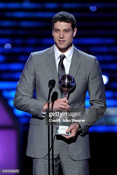 Basketball player Jimmer Fredette accepts the award for 'Best Male College Athlete' onstage at The 2011 ESPY Awards held at the Nokia Theatre L.A....