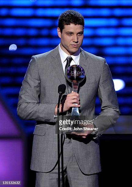 Basketball player Jimmer Fredette accepts the award for 'Best Male College Athlete' onstage at The 2011 ESPY Awards held at the Nokia Theatre L.A....