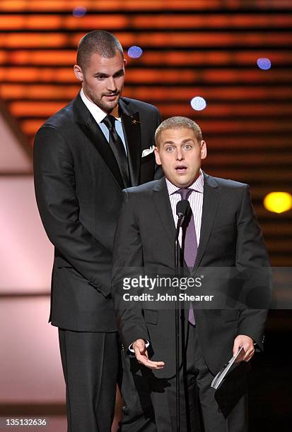 Kevin Love of the NBA's Minnesota Timberwolves and actor Jonah Hill present the award for 'Best Game' onstage at The 2011 ESPY Awards held at the...