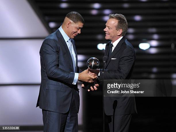 Arthur Ashe Award Recipient Dewey Bozella and actor Kiefer Sutherland talk onstage at The 2011 ESPY Awards held at the Nokia Theatre L.A. Live on...