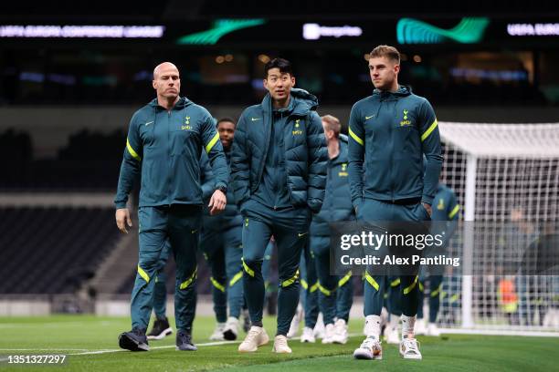 Allan Dixon, Player Liason at Tottenham Hotspur Heung-Min, Son and Joe Rodon of Tottenham Hotspur arrive at the stadium prior to the UEFA Europa...