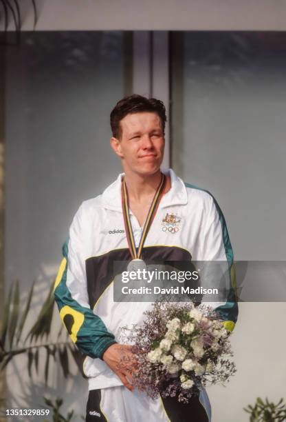 Kieren Perkins of Australia participates in the awards ceremony for the Men's 400 meters freestyle event of the 1992 Summer Olympics on July 29, 1992...