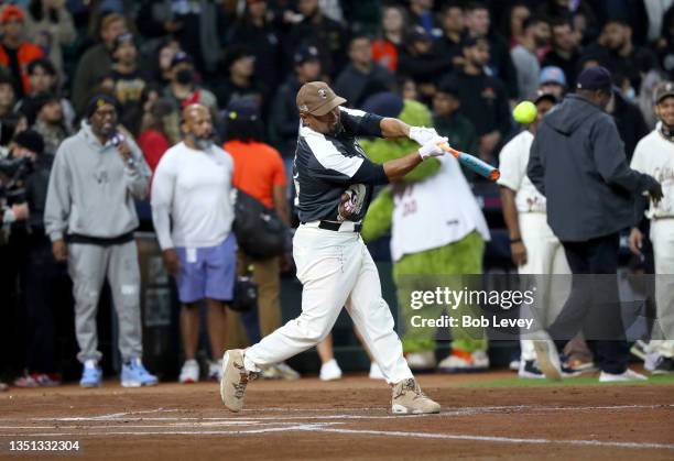 Shane Victorino up to bat during the 2021 Cactus Jack Foundation fall classic softball game at Minute Maid Park on November 04, 2021 in Houston,...