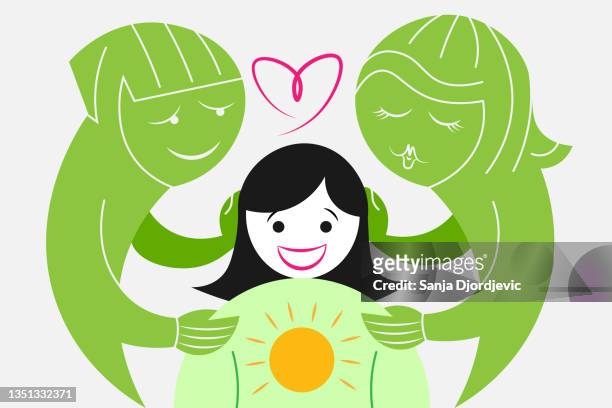 stockillustraties, clipart, cartoons en iconen met parental care is most important thing in the world - kids hugging mom cartoon