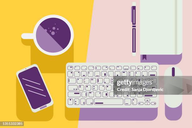 flat illustration of neatly organized workspace - note pad on table stock illustrations