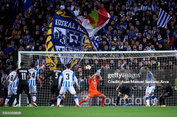 Alexander Sorloth of Real Sociedad scores their side's first goal during the UEFA Europa League group B match between Real Sociedad and Sturm Graz at...