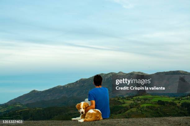 a young man sitting on the ground contemplating an idyllic landscape of mountains with his dog. the man is hugging his puppy. - pet heaven stock pictures, royalty-free photos & images