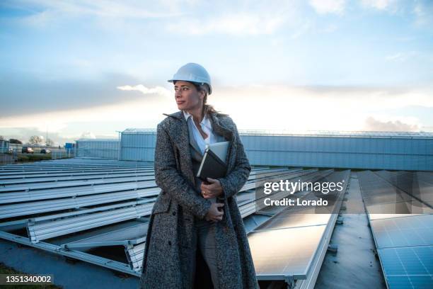 eine manager-ingenieurin an einem solarpanel-standort - vorarbeiter stock-fotos und bilder