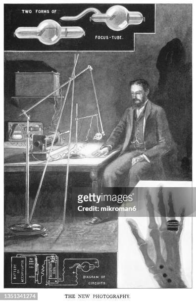 old engraved illustration of early roentgen, x-ray apparatus - man x-raying his hand - röntgen stock pictures, royalty-free photos & images