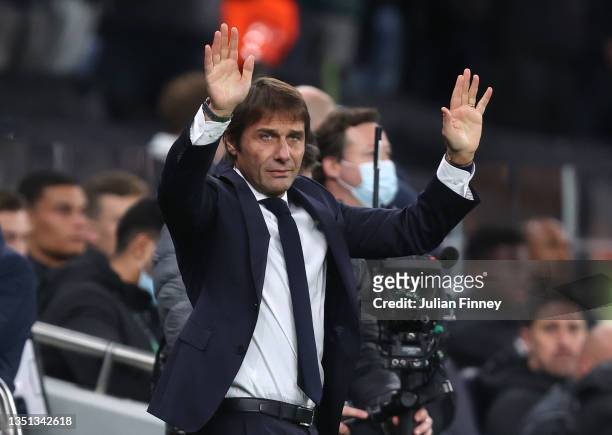 Antonio Conte, Manager of Tottenham Hotspur acknowledges the fans prior to the UEFA Europa Conference League group G match between Tottenham Hotspur...