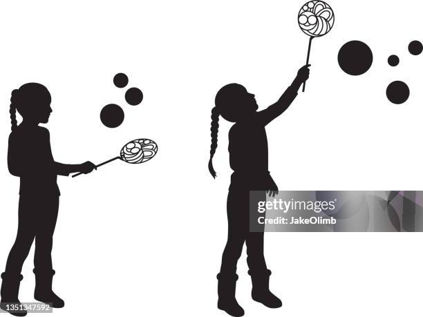 girl with bubble wand silhouettes - woman blowing soap bubbles stock illustrations
