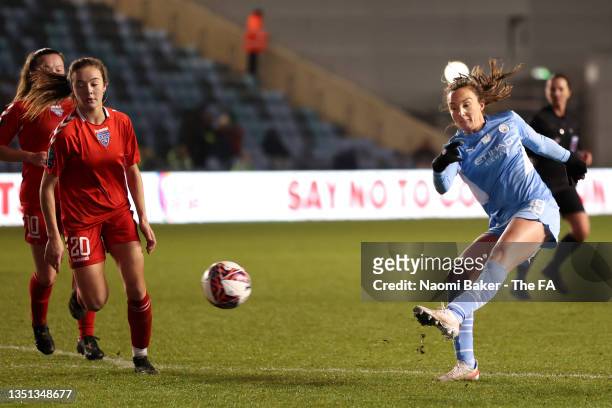 Caroline Weir of Manchester City scores their side's second goal during the FA Women's Continental Tyres League Cup at Manchester City Football...