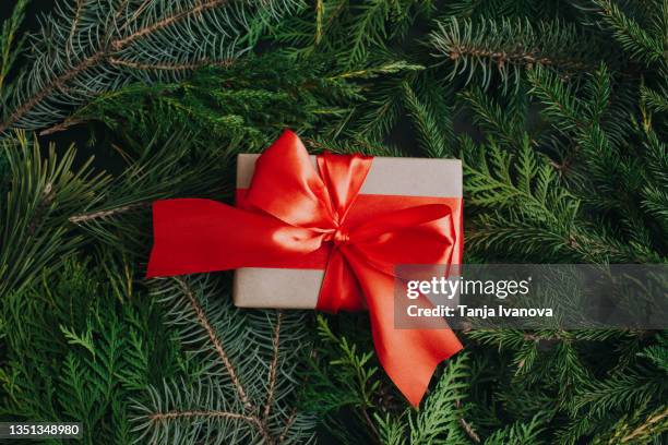 creative layout made of evergreen plant tree branches and christmas gift. winter nature holiday new year concept. flat lay, top view, copy space. - kerstkado stockfoto's en -beelden