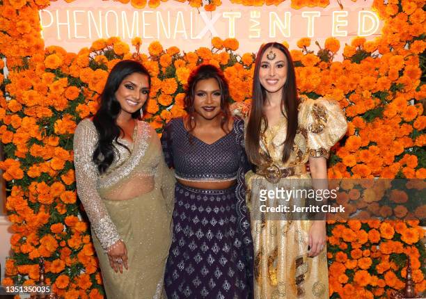 Deepica Mutyala, Founder and CEO of Live Tinted, Mindy Kaling and Meena Harris, Founder and CEO of Phenomenal attends the Phenomenal x Live Tinted...