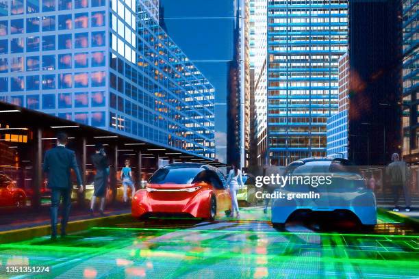 electric cars in the city - driverless transport stock pictures, royalty-free photos & images