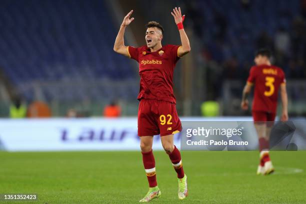 Stephan El Shaarawy of AS Roma celebrates after scoring their team's first goal during the UEFA Europa Conference League group C match between AS...