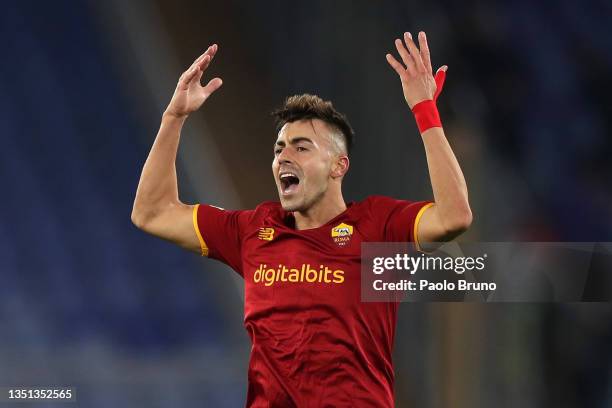 Stephan El Shaarawy of AS Roma celebrates after scoring their team's first goal during the UEFA Europa Conference League group C match between AS...