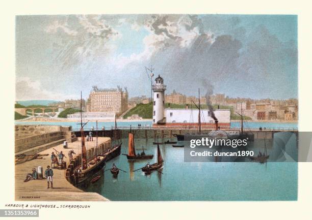 ilustrações, clipart, desenhos animados e ícones de ilustração vintage do porto e farol, scarborough, north yorkshire, século xix - scarborough norte de yorkshire