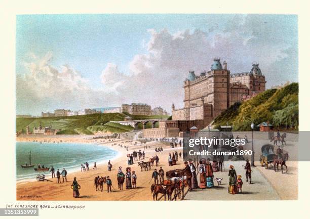 victorian tourist on the foreshore road, and beach, scarborough 19th century - promenade stock illustrations