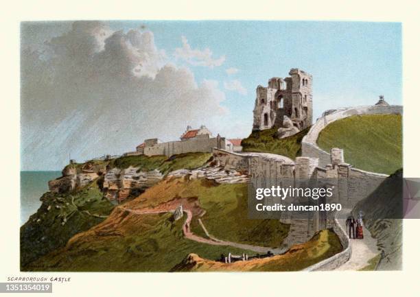 ruinen von scarborough castle, north yorkshire, viktorianisches 19. jahrhundert - englischesschloss stock-grafiken, -clipart, -cartoons und -symbole