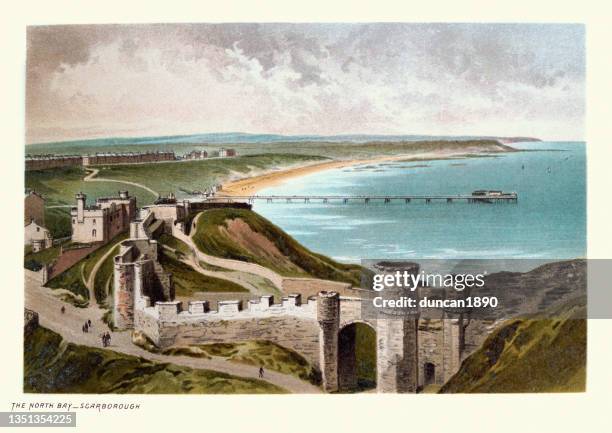 north bay and pier, scarborough, north yorkshire, 19th century - scarborough uk 幅插畫檔、美工圖案、卡通及圖標