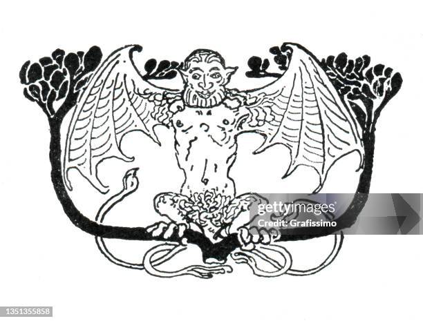 devil with wings sitting in floral ornament decorative art nouveau 1897 - devil stock illustrations