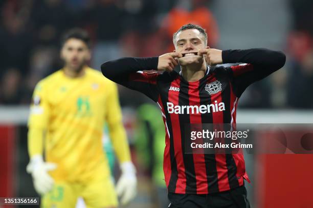 Florian Wirtz of Bayer 04 Leverkusen celebrates after scoring their team's third goal during the UEFA Europa League group G match between Bayer...
