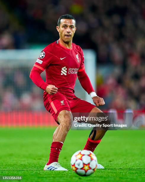 Thiago Alcantara of Liverpool FC passes the ball during the UEFA Champions League group B match between Liverpool FC and Atletico Madrid at Anfield...