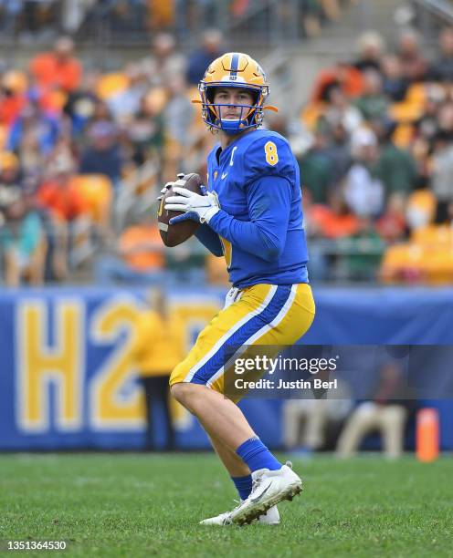 Kenny Pickett of the Pittsburgh Panthers in action during the game against the Miami Hurricanes at Heinz Field on October 30, 2021 in Pittsburgh,...