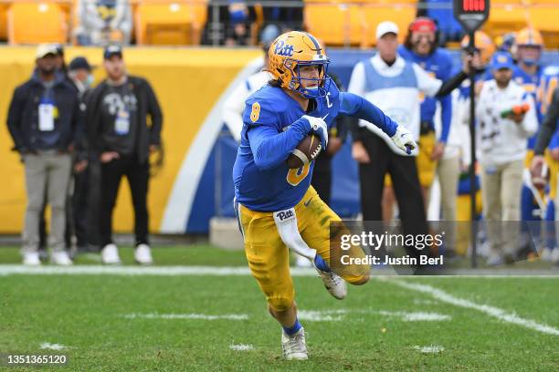 Kenny Pickett of the Pittsburgh Panthers in action during the game against the Miami Hurricanes at Heinz Field on October 30, 2021 in Pittsburgh,...