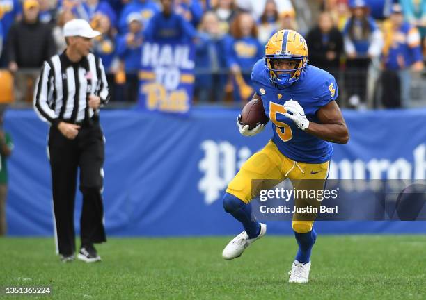 Jared Wayne of the Pittsburgh Panthers in action during the game against the Miami Hurricanes at Heinz Field on October 30, 2021 in Pittsburgh,...