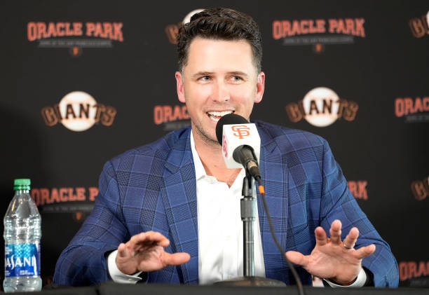 Buster Posey of the San Francisco Giants speaks at a press conference announcing his retirement from Major League Baseball at Oracle Park on November...