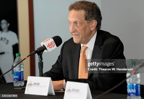 President and CEO of the San Francisco Giants Larry Baer speaks at a press conference announcing the retirement of Buster Posey of the San Francisco...