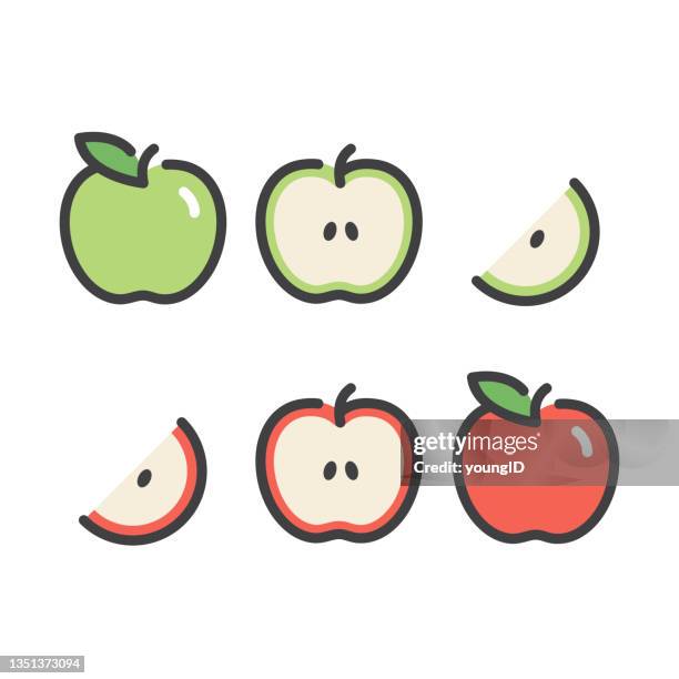 apple line icons - green apple slices stock illustrations