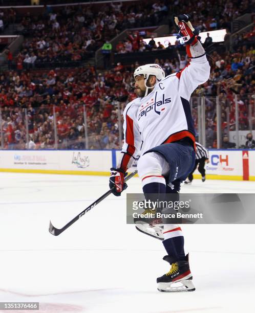 Alex Ovechkin of the Washington Capitals celebrates his goal at 18:11 of the second period against the Florida Panthers on November 04, 2021 at the...