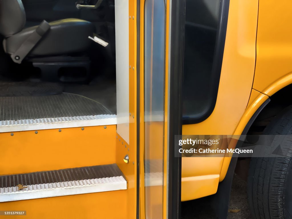 Coach Bus Step Risers Side View Of Traditional Yellow School Bus Steps Drivers Seat High-Res ...