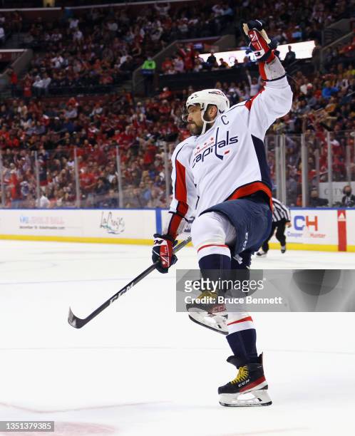 Alex Ovechkin of the Washington Capitals celebrates his goal at 18:11 of the second period against the Florida Panthers on November 04, 2021 at the...