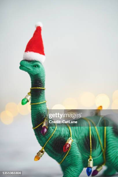 dinosaur character with santa hat and christmas string lights - out of context stock pictures, royalty-free photos & images