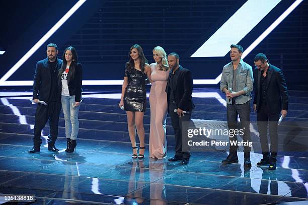 Mirko Bogojevic, Raffaela Wais, Nica & Joe, Sarah Connor, David Pfeffer and Till Broenner are waiting for the results during the 'The X Factor Live'...