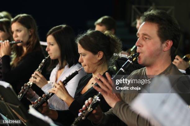 musicians at the concert playing - oboe stockfoto's en -beelden