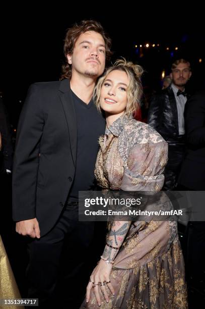 Emile Hirsch and Paris Jackson attend the amfAR Gala Los Angeles 2021 honoring TikTok and Jeremy Scott at Pacific Design Center on November 04, 2021...