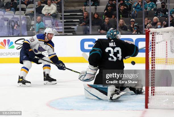 Brandon Saad of the St. Louis Blues scores a short-handed goal in the first period against Adin Hill of the San Jose Sharks at SAP Center on November...